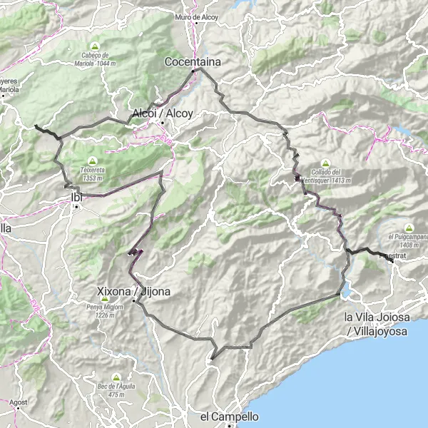 Miniatura mapy "Trasa rowerowa Finestrat - Orxeta - Embalse de Amadorio - Aigües - Vistes Panoràmiques - Xixona / Jijona - Lloma pelada - Biscoy - El Castellar - Alcoi / Alcoy - Benilloba - Port de Tudons - Sella - Finestrat" - trasy rowerowej w Comunitat Valenciana, Spain. Wygenerowane przez planer tras rowerowych Tarmacs.app