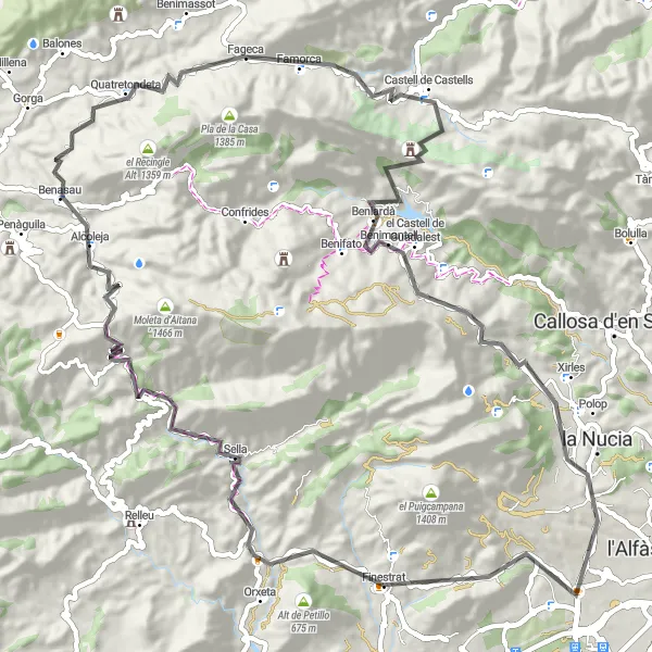 Miniaturekort af cykelinspirationen "Fra Finestrat til Guadalest, Peya Molla, Tossal del Senyal og Benasau" i Comunitat Valenciana, Spain. Genereret af Tarmacs.app cykelruteplanlægger