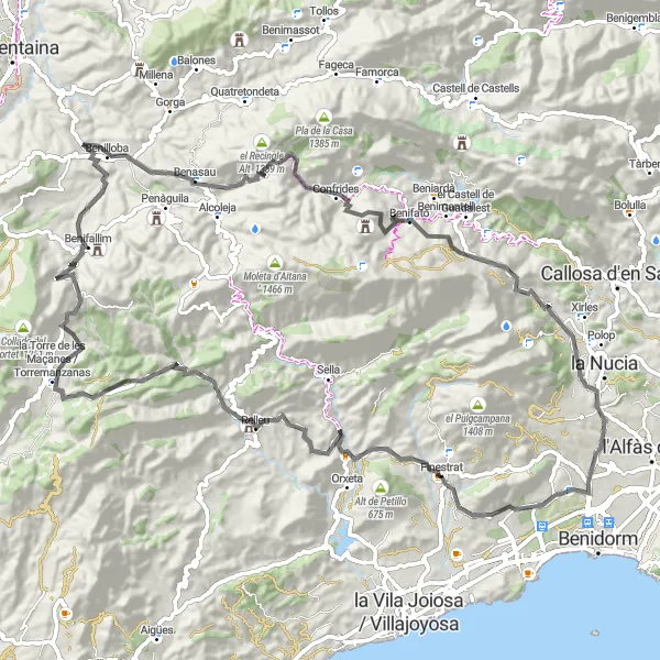 Miniaturekort af cykelinspirationen "Oplev det udfordrende terræn ved Finestrat" i Comunitat Valenciana, Spain. Genereret af Tarmacs.app cykelruteplanlægger