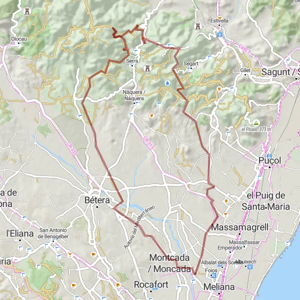 Miniature de la carte de l'inspiration cycliste "Circuit Gravel Alfara del Patriarca - la Mola de Segart" dans la Comunitat Valenciana, Spain. Générée par le planificateur d'itinéraire cycliste Tarmacs.app