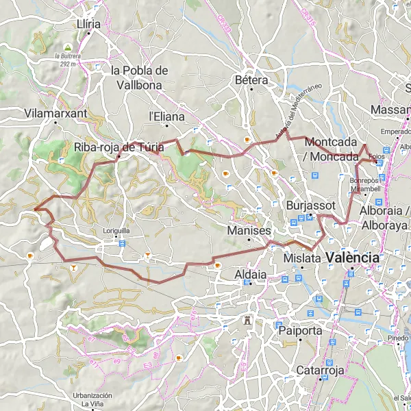 Map miniature of "Scenic Gravel Route through Valencian Villages" cycling inspiration in Comunitat Valenciana, Spain. Generated by Tarmacs.app cycling route planner