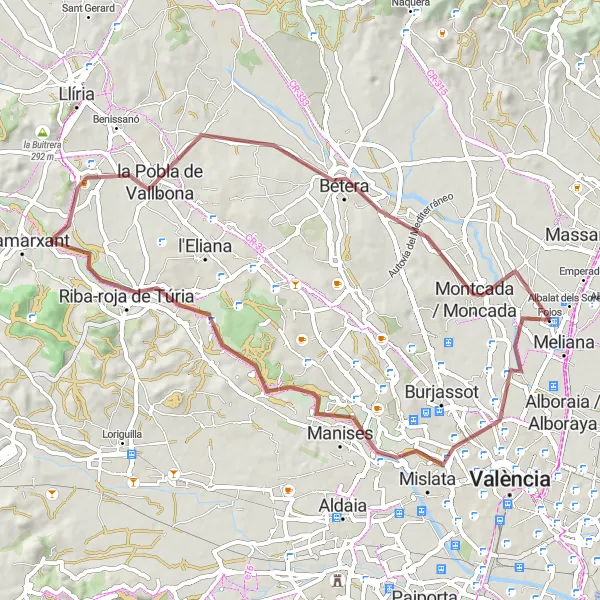 Miniatuurkaart van de fietsinspiratie "Gravel Fietsroute naar Mislata en Manises" in Comunitat Valenciana, Spain. Gemaakt door de Tarmacs.app fietsrouteplanner