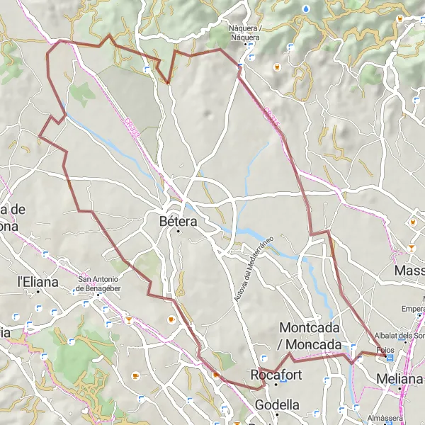 Map miniature of "Valencian Countryside Gravel Loop" cycling inspiration in Comunitat Valenciana, Spain. Generated by Tarmacs.app cycling route planner