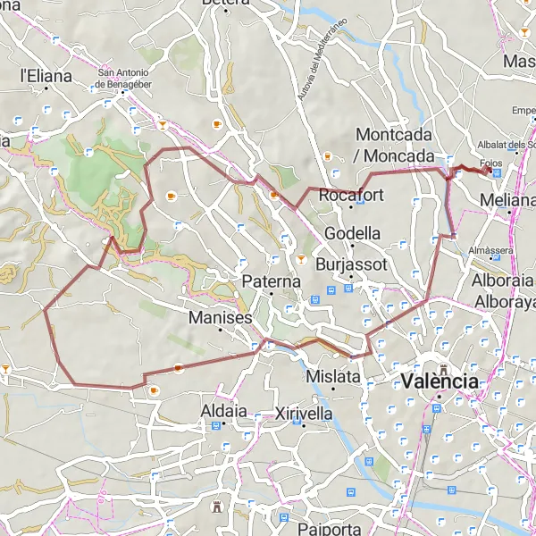 Miniatura della mappa di ispirazione al ciclismo "Percorso in bici da gravel con partenza vicino a Foios" nella regione di Comunitat Valenciana, Spain. Generata da Tarmacs.app, pianificatore di rotte ciclistiche