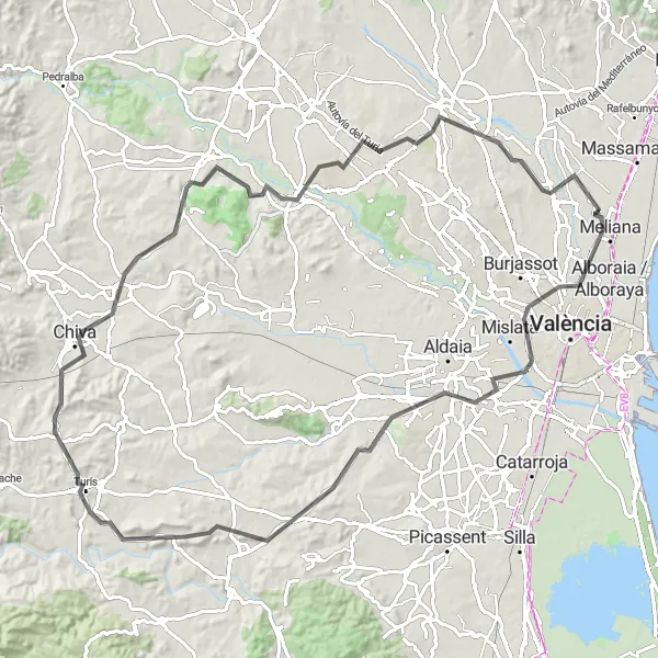 Miniaturní mapa "Cyklistická trasa Almàssera - Alfara del Patriarca" inspirace pro cyklisty v oblasti Comunitat Valenciana, Spain. Vytvořeno pomocí plánovače tras Tarmacs.app