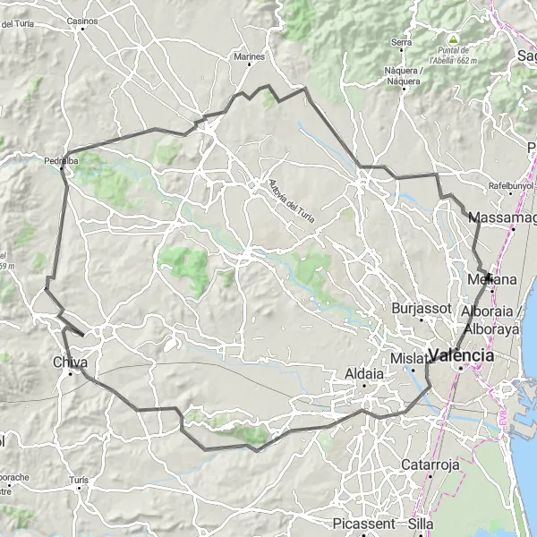 Miniatura della mappa di ispirazione al ciclismo "Tour in bici da Foios a Pedralba" nella regione di Comunitat Valenciana, Spain. Generata da Tarmacs.app, pianificatore di rotte ciclistiche