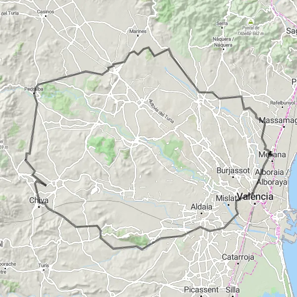 Map miniature of "Valencia City to Foios Challenge" cycling inspiration in Comunitat Valenciana, Spain. Generated by Tarmacs.app cycling route planner