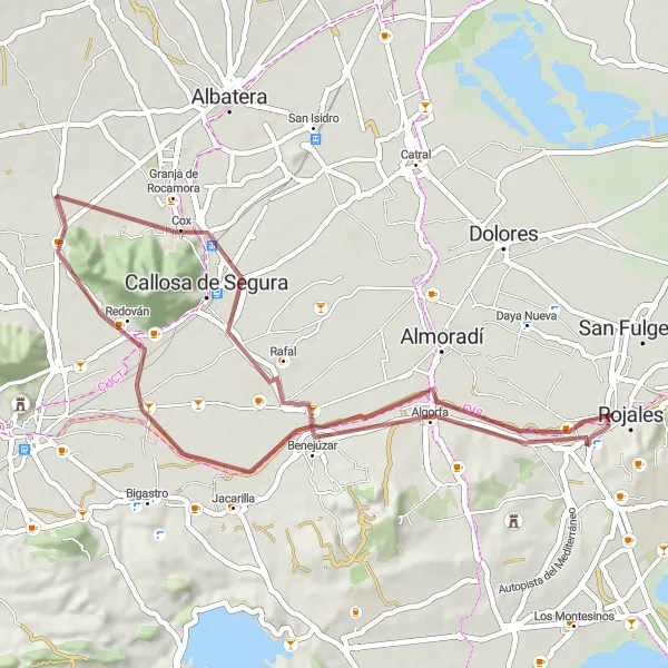 Miniatura della mappa di ispirazione al ciclismo "Gravel tra Formentera de Segura e Cox" nella regione di Comunitat Valenciana, Spain. Generata da Tarmacs.app, pianificatore di rotte ciclistiche