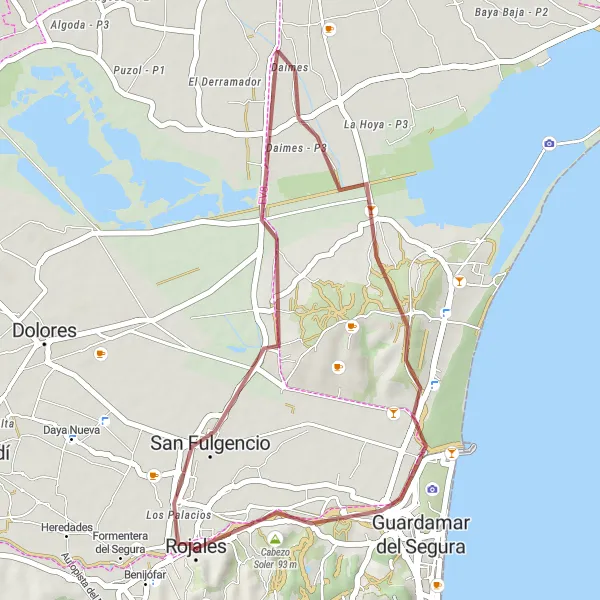 Miniatura della mappa di ispirazione al ciclismo "Gravel tra Rojales e Molino de Viento de Rojales" nella regione di Comunitat Valenciana, Spain. Generata da Tarmacs.app, pianificatore di rotte ciclistiche