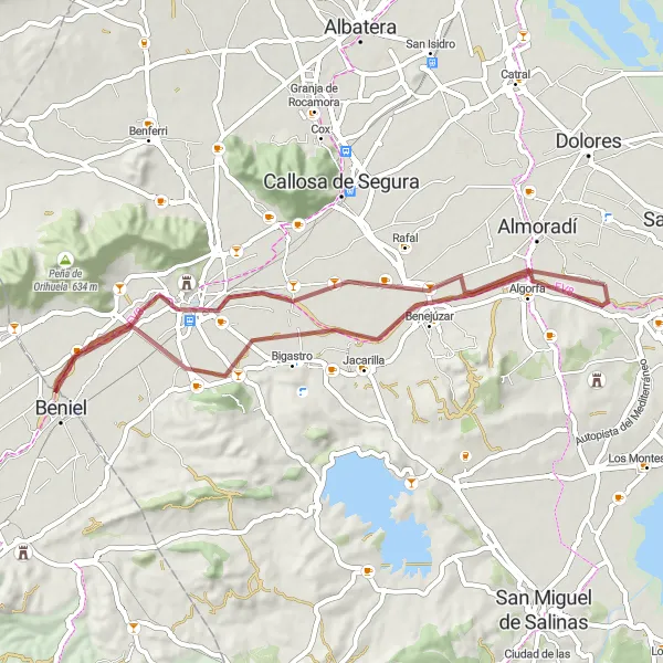 Miniatura della mappa di ispirazione al ciclismo "Circuito in Gravel tra Bigastro e Orihuela" nella regione di Comunitat Valenciana, Spain. Generata da Tarmacs.app, pianificatore di rotte ciclistiche