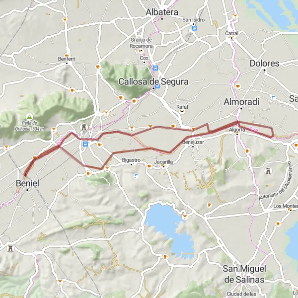 Miniatuurkaart van de fietsinspiratie "Gravelavontuur in Orihuela" in Comunitat Valenciana, Spain. Gemaakt door de Tarmacs.app fietsrouteplanner