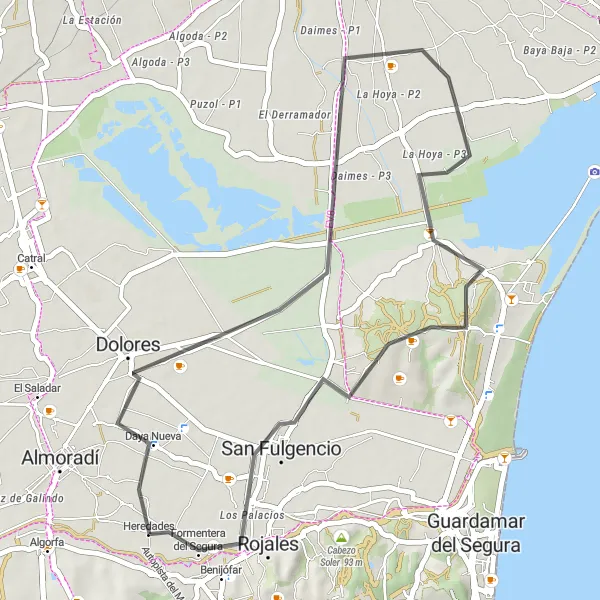 Karten-Miniaturansicht der Radinspiration "Entdecke das Herz von Vega Baja" in Comunitat Valenciana, Spain. Erstellt vom Tarmacs.app-Routenplaner für Radtouren