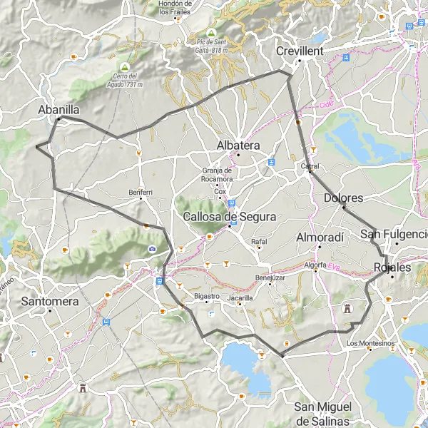 Miniaturní mapa "Cyklotrasa Formentera de Segura" inspirace pro cyklisty v oblasti Comunitat Valenciana, Spain. Vytvořeno pomocí plánovače tras Tarmacs.app