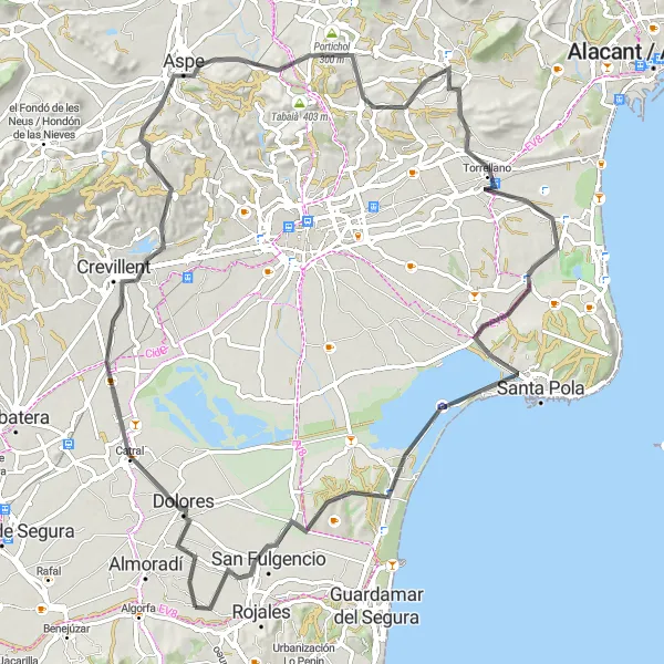 Miniatura della mappa di ispirazione al ciclismo "Tour delle Colline e Saline della Costa Valenciana" nella regione di Comunitat Valenciana, Spain. Generata da Tarmacs.app, pianificatore di rotte ciclistiche