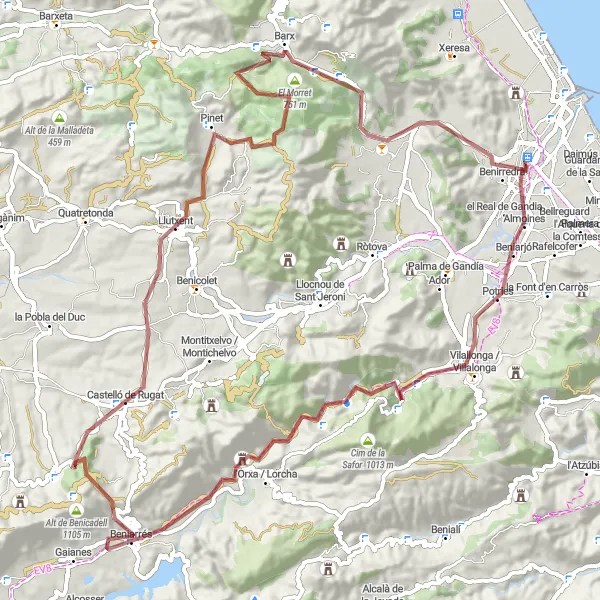 Miniatua del mapa de inspiración ciclista "Ruta Ciclista Gravel desde Gandia - Beniflá - Tossalet de l'Alcúdia - Les Trones - l'Orxa / Lorcha - Alt de Pinaro - Beniatjar - Llutxent - Mollo del Sabater - el Mondúver - Gandia" en Comunitat Valenciana, Spain. Generado por Tarmacs.app planificador de rutas ciclistas