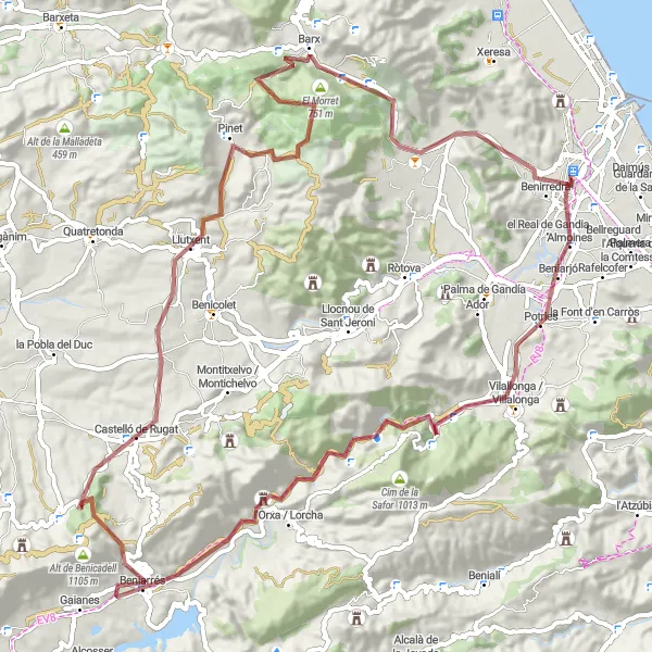 Miniatuurkaart van de fietsinspiratie "Gandia - Beniflá" in Comunitat Valenciana, Spain. Gemaakt door de Tarmacs.app fietsrouteplanner