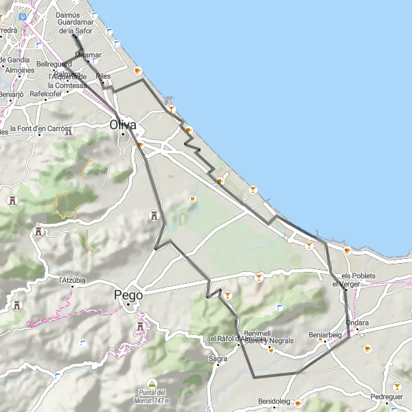 Miniatuurkaart van de fietsinspiratie "Rondreis van Gandia naar Miramar" in Comunitat Valenciana, Spain. Gemaakt door de Tarmacs.app fietsrouteplanner