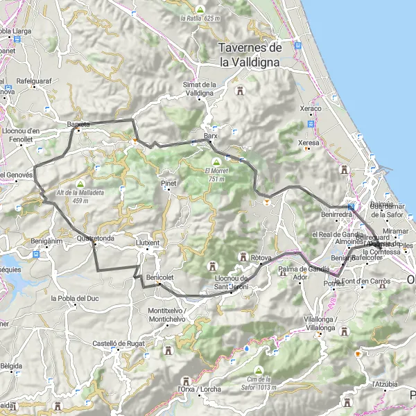 Miniatura della mappa di ispirazione al ciclismo "Giro in bicicletta tra Almiserà e Gandia" nella regione di Comunitat Valenciana, Spain. Generata da Tarmacs.app, pianificatore di rotte ciclistiche