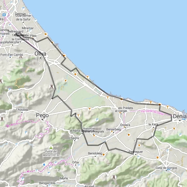 Miniaturní mapa "Kulturní cyklotrasa v okolí Gandie" inspirace pro cyklisty v oblasti Comunitat Valenciana, Spain. Vytvořeno pomocí plánovače tras Tarmacs.app
