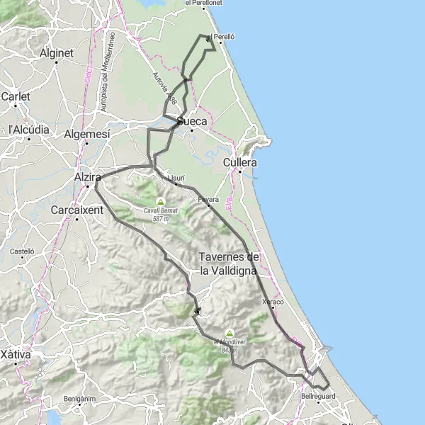 Miniaturní mapa "Přes el Mondúver do Gandie" inspirace pro cyklisty v oblasti Comunitat Valenciana, Spain. Vytvořeno pomocí plánovače tras Tarmacs.app