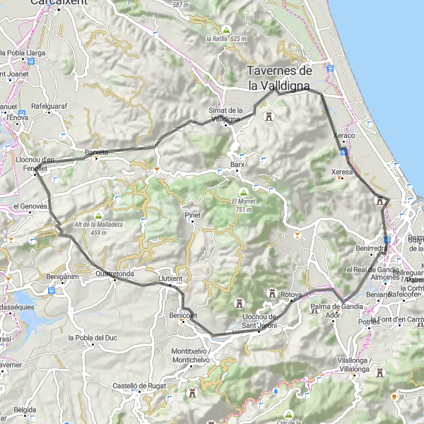 Miniatura della mappa di ispirazione al ciclismo "Avventura in bicicletta da Gandia a Gandia" nella regione di Comunitat Valenciana, Spain. Generata da Tarmacs.app, pianificatore di rotte ciclistiche