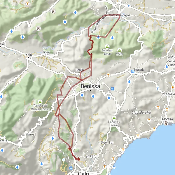 Miniatura della mappa di ispirazione al ciclismo "Percorso in bicicletta gravel da Gata de Gorgos a Tossal del Moro" nella regione di Comunitat Valenciana, Spain. Generata da Tarmacs.app, pianificatore di rotte ciclistiche