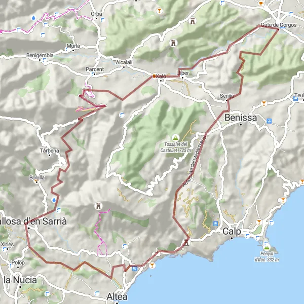 Miniaturní mapa "Gravelový okruh Gata de Gorgos - Tossal del Moro - Senija - Castellet de Calp - l'Olla - Callosa d'en Sarrià - Coll de Rates - Parcent - Llíber - Muntanya dels Surdas" inspirace pro cyklisty v oblasti Comunitat Valenciana, Spain. Vytvořeno pomocí plánovače tras Tarmacs.app