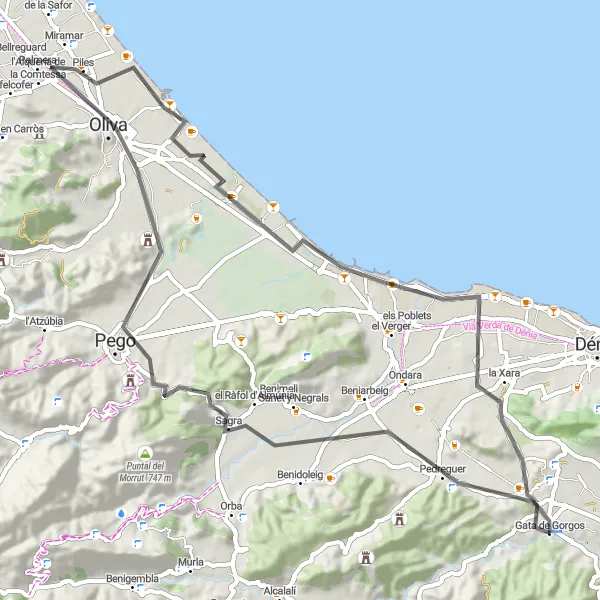 Miniaturní mapa "Okruh Gata de Gorgos - Pedreguer - Cabal de Sagra - Oliva - Tossalet del Doix - la Xara - Punta de Benimaquia" inspirace pro cyklisty v oblasti Comunitat Valenciana, Spain. Vytvořeno pomocí plánovače tras Tarmacs.app