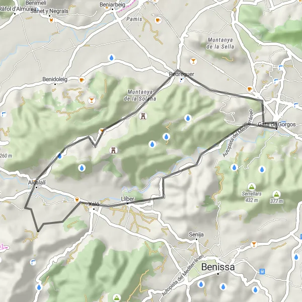 Map miniature of "Gata de Gorgos Loop" cycling inspiration in Comunitat Valenciana, Spain. Generated by Tarmacs.app cycling route planner