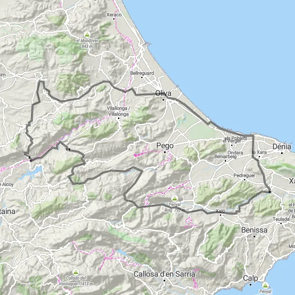 Miniatua del mapa de inspiración ciclista "Ruta en Bicicleta por Gata de Gorgos" en Comunitat Valenciana, Spain. Generado por Tarmacs.app planificador de rutas ciclistas