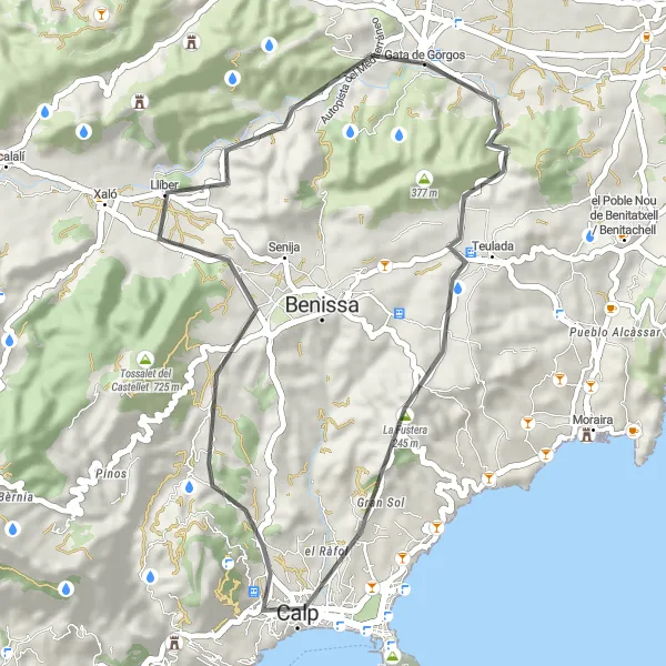 Miniatura della mappa di ispirazione al ciclismo "Giro in bici da Gata de Gorgos - Teulada - Muntanya dels Surdas" nella regione di Comunitat Valenciana, Spain. Generata da Tarmacs.app, pianificatore di rotte ciclistiche