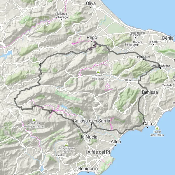 Miniatuurkaart van de fietsinspiratie "Fietsroute van Gata de Gorgos naar Senija, Tossal de Cabrera, Calp en meer" in Comunitat Valenciana, Spain. Gemaakt door de Tarmacs.app fietsrouteplanner