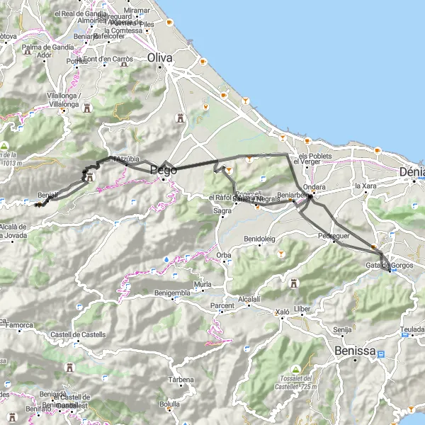 Miniature de la carte de l'inspiration cycliste "Parcours pittoresque autour de Gata de Gorgos" dans la Comunitat Valenciana, Spain. Générée par le planificateur d'itinéraire cycliste Tarmacs.app
