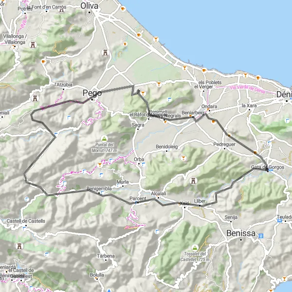 Map miniature of "Gata de Gorgos Exploratory Ride" cycling inspiration in Comunitat Valenciana, Spain. Generated by Tarmacs.app cycling route planner