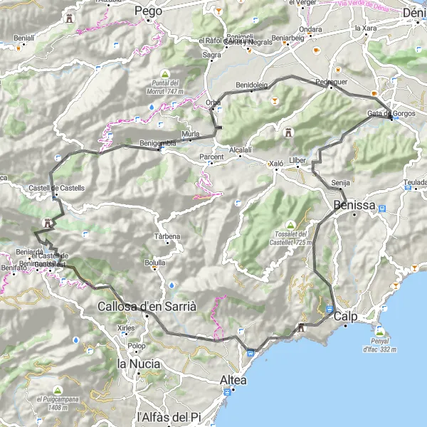 Miniatura della mappa di ispirazione al ciclismo "Giro in bici da Gata de Gorgos - Benigembla - Calp" nella regione di Comunitat Valenciana, Spain. Generata da Tarmacs.app, pianificatore di rotte ciclistiche