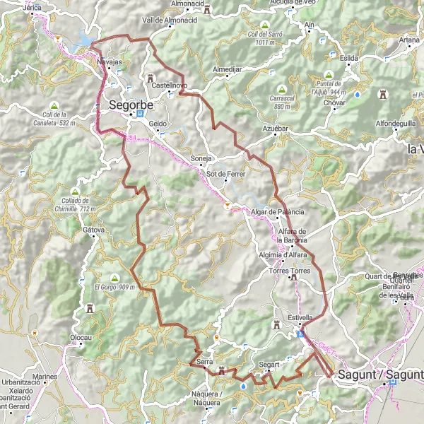 Map miniature of "Segart to Albalat dels Tarongers Gravel Loop" cycling inspiration in Comunitat Valenciana, Spain. Generated by Tarmacs.app cycling route planner