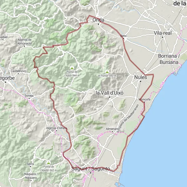 Miniatura della mappa di ispirazione al ciclismo "Avventura tra le colline di Castellón" nella regione di Comunitat Valenciana, Spain. Generata da Tarmacs.app, pianificatore di rotte ciclistiche