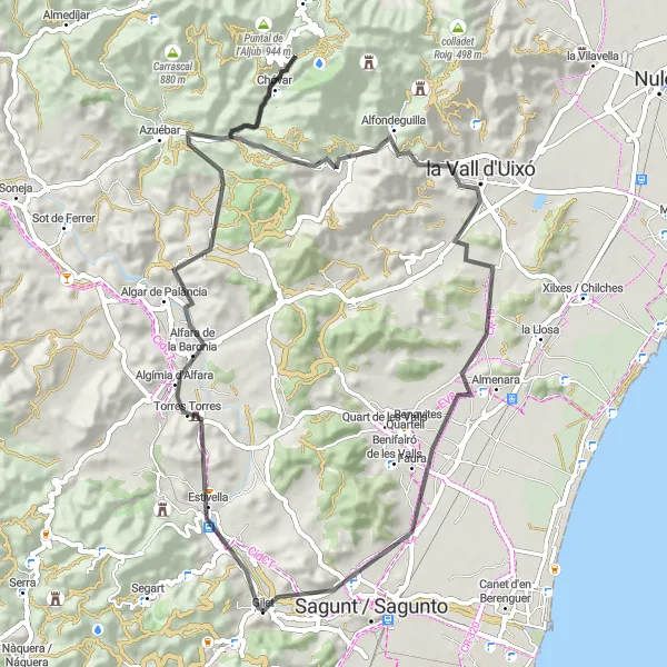 Map miniature of "Albalat dels Tarongers Loop" cycling inspiration in Comunitat Valenciana, Spain. Generated by Tarmacs.app cycling route planner