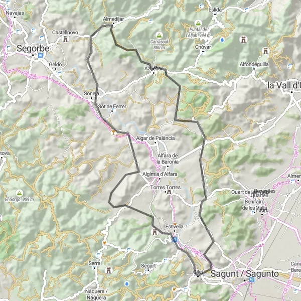 Miniatura della mappa di ispirazione al ciclismo "Road Loop da Gilet a Soneja" nella regione di Comunitat Valenciana, Spain. Generata da Tarmacs.app, pianificatore di rotte ciclistiche