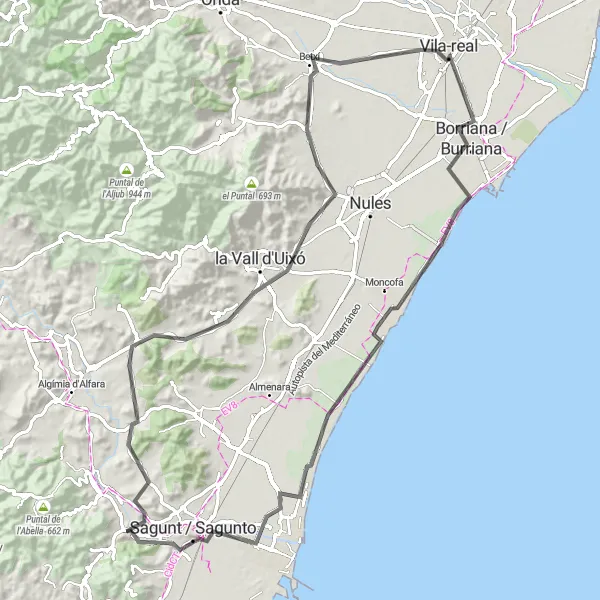 Map miniature of "Petrés to Villarreal Road Loop" cycling inspiration in Comunitat Valenciana, Spain. Generated by Tarmacs.app cycling route planner