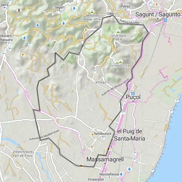 Miniaturní mapa "Cyklistický okruh kolem Pic de Gausa" inspirace pro cyklisty v oblasti Comunitat Valenciana, Spain. Vytvořeno pomocí plánovače tras Tarmacs.app