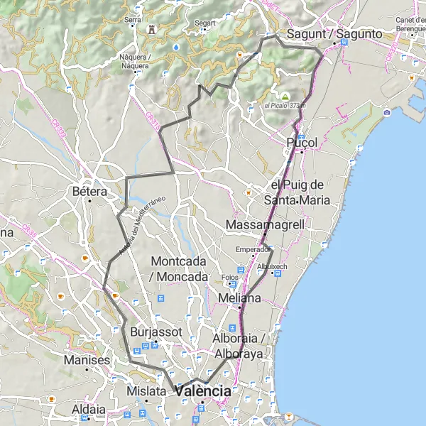 Miniaturní mapa "Okruh od Gilet k Pic de Gausa" inspirace pro cyklisty v oblasti Comunitat Valenciana, Spain. Vytvořeno pomocí plánovače tras Tarmacs.app