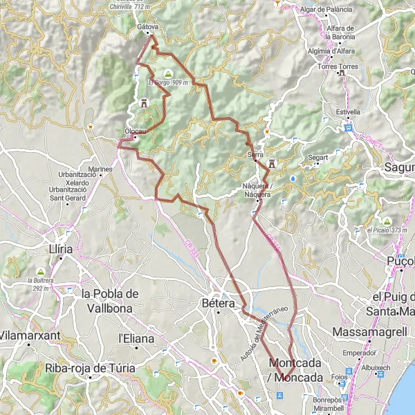 Miniatuurkaart van de fietsinspiratie "Gravelroute Godella-Puntal Blanc-Godella" in Comunitat Valenciana, Spain. Gemaakt door de Tarmacs.app fietsrouteplanner