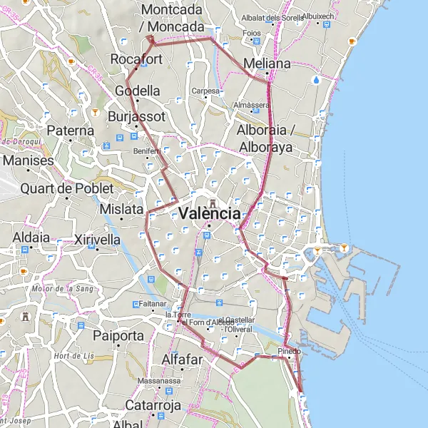 Miniature de la carte de l'inspiration cycliste "Les Trésors de Valence en VTT" dans la Comunitat Valenciana, Spain. Générée par le planificateur d'itinéraire cycliste Tarmacs.app