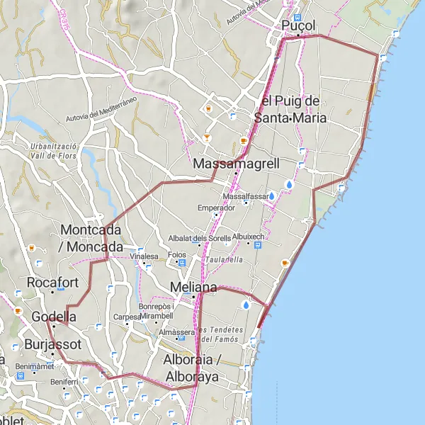 Miniatura della mappa di ispirazione al ciclismo "Gravel Route da Godella a Burjassot" nella regione di Comunitat Valenciana, Spain. Generata da Tarmacs.app, pianificatore di rotte ciclistiche