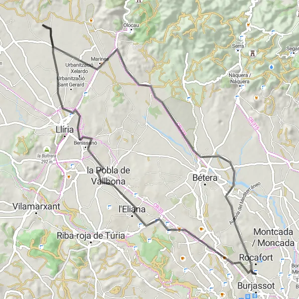 Map miniature of "Godella - Trinchera - l'Eliana - Benissanó - Marines - El Baro - Godella" cycling inspiration in Comunitat Valenciana, Spain. Generated by Tarmacs.app cycling route planner