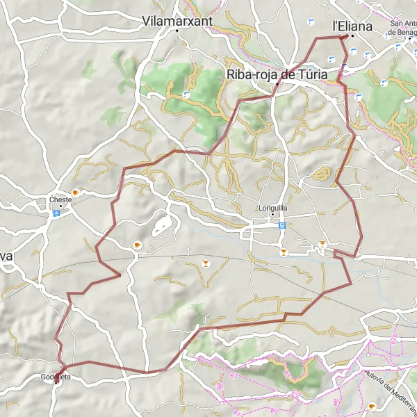 Miniature de la carte de l'inspiration cycliste "Parcours gravel autour de Riba-roja de Túria" dans la Comunitat Valenciana, Spain. Générée par le planificateur d'itinéraire cycliste Tarmacs.app