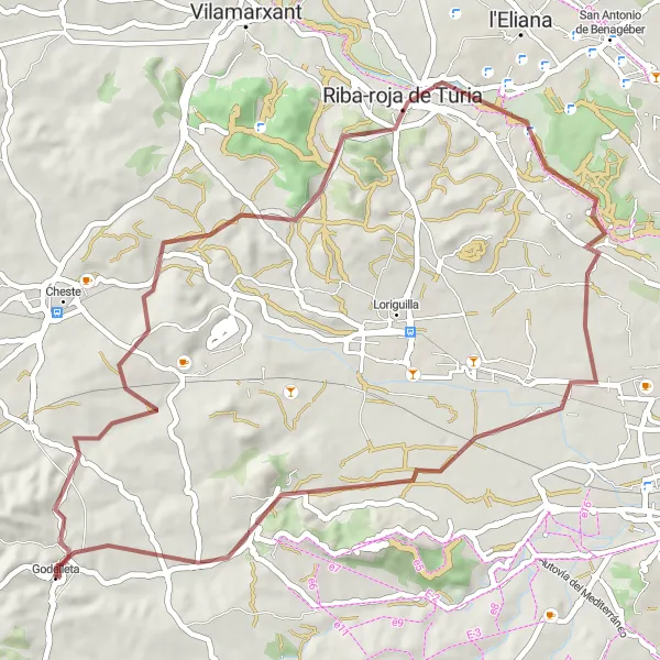 Miniature de la carte de l'inspiration cycliste "Boucle gravel de Godelleta à Riba-roja de Túria" dans la Comunitat Valenciana, Spain. Générée par le planificateur d'itinéraire cycliste Tarmacs.app