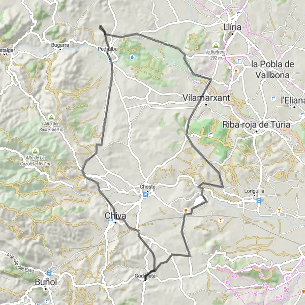 Map miniature of "Chiva Adventure" cycling inspiration in Comunitat Valenciana, Spain. Generated by Tarmacs.app cycling route planner