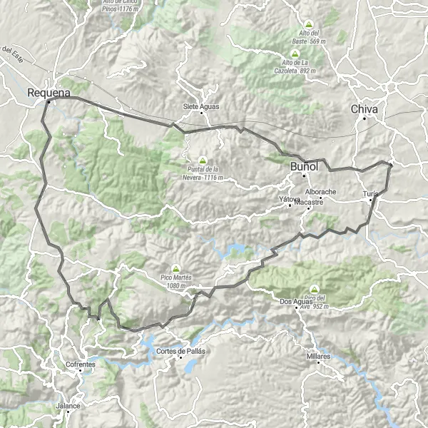 Miniatura della mappa di ispirazione al ciclismo "Giro in bici strada da Godelleta a Buñol" nella regione di Comunitat Valenciana, Spain. Generata da Tarmacs.app, pianificatore di rotte ciclistiche